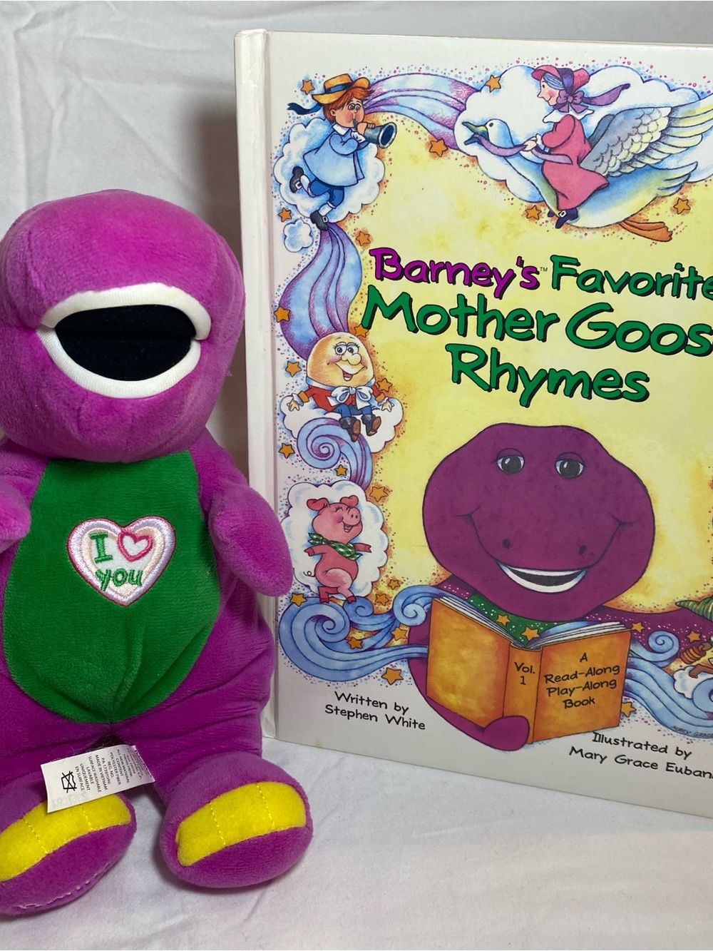 Vintage Singing I Love You Barney Plush with Vintage Mother Goose Book - 90s